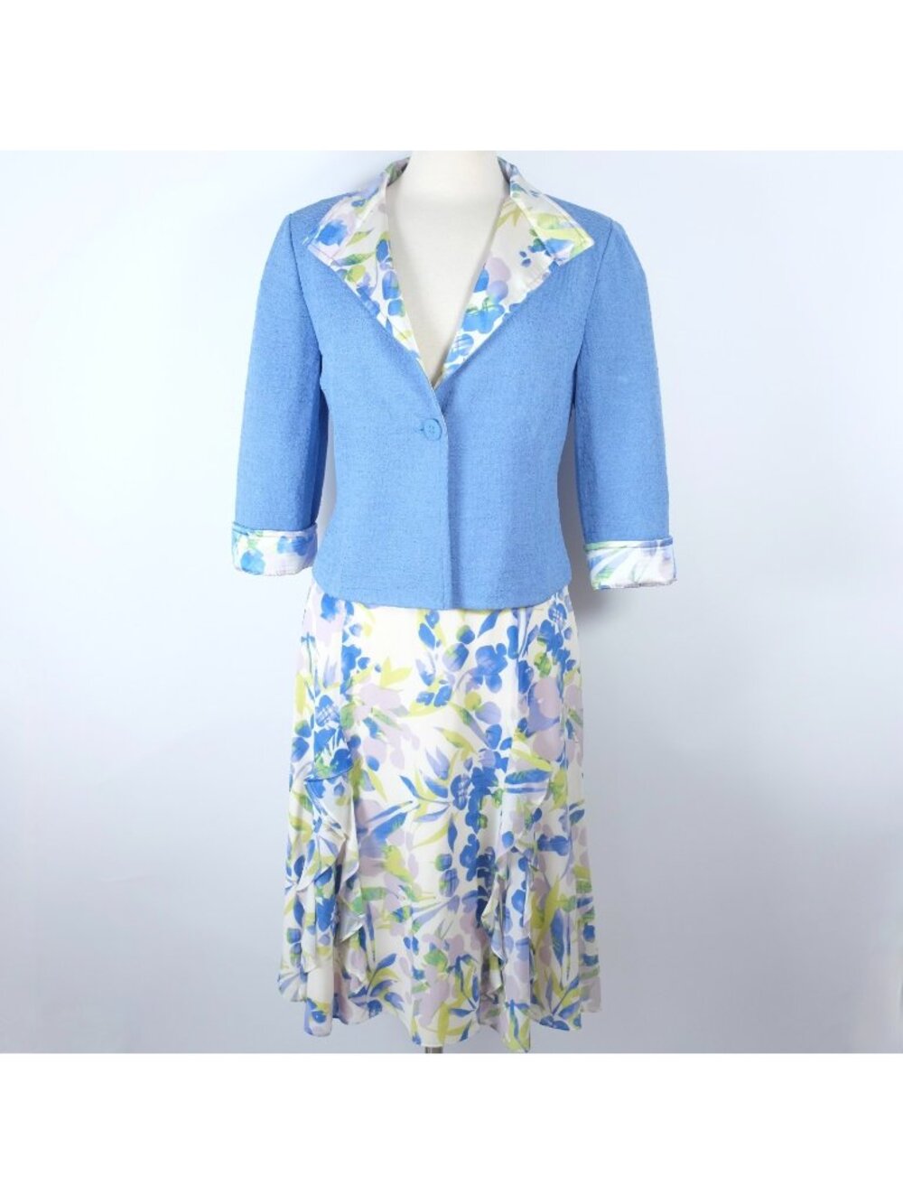 St John sz 8 skirt blue santana knit silk skirt one button 3/4 sleeves